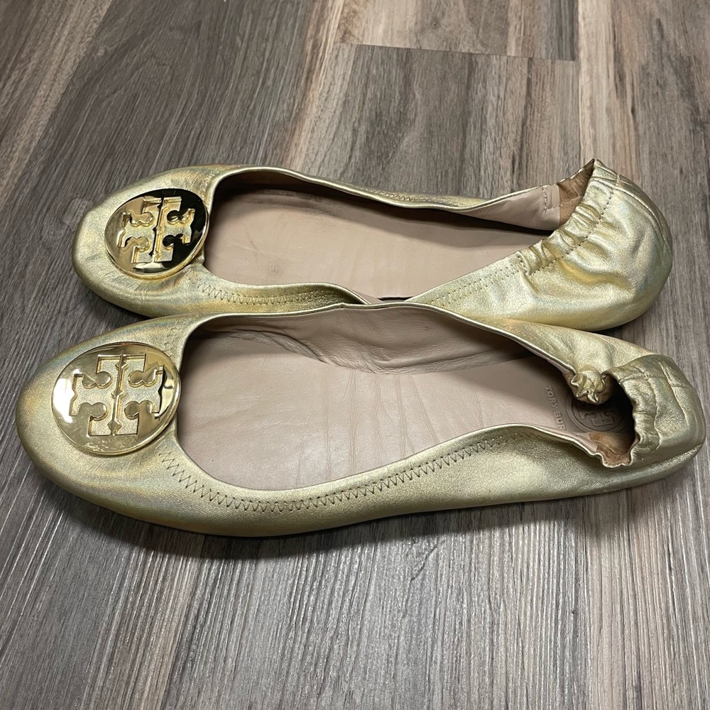 Tory Burch Sz 11 Minnie Travel Ballet Flat Iridescent Gold Large Metal Logo